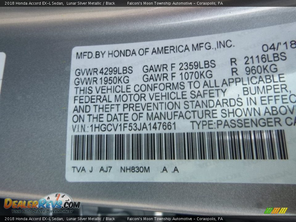 2018 Honda Accord EX-L Sedan Lunar Silver Metallic / Black Photo #12