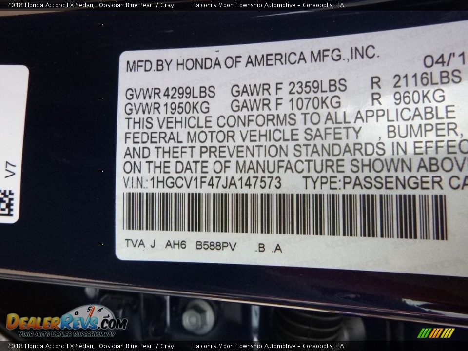 2018 Honda Accord EX Sedan Obsidian Blue Pearl / Gray Photo #12
