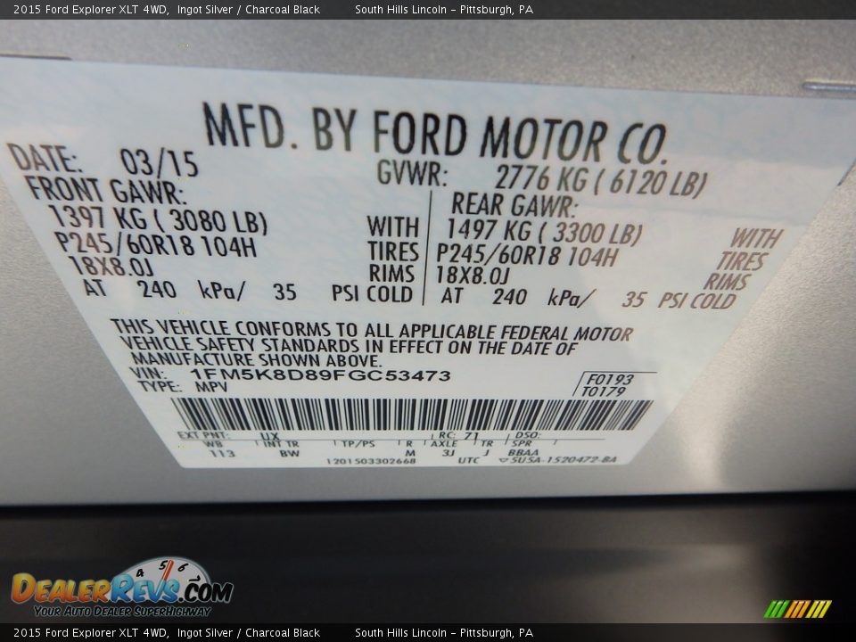2015 Ford Explorer XLT 4WD Ingot Silver / Charcoal Black Photo #23