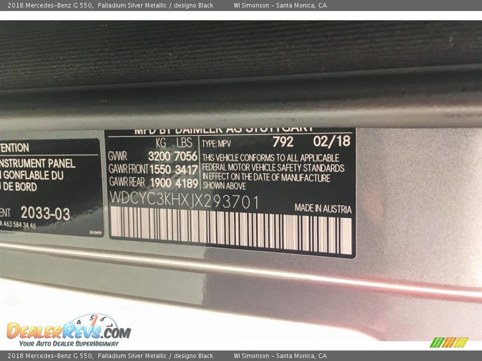 2018 Mercedes-Benz G 550 Palladium Silver Metallic / designo Black Photo #11