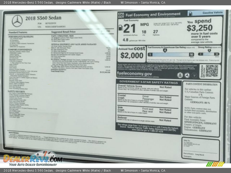 2018 Mercedes-Benz S 560 Sedan Window Sticker Photo #10