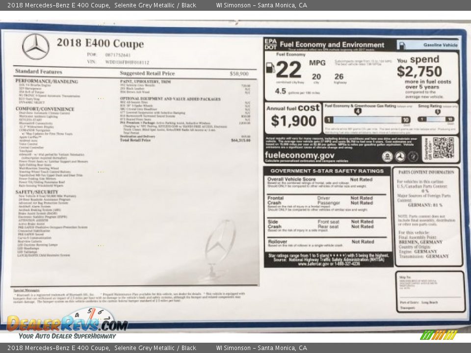 2018 Mercedes-Benz E 400 Coupe Selenite Grey Metallic / Black Photo #12