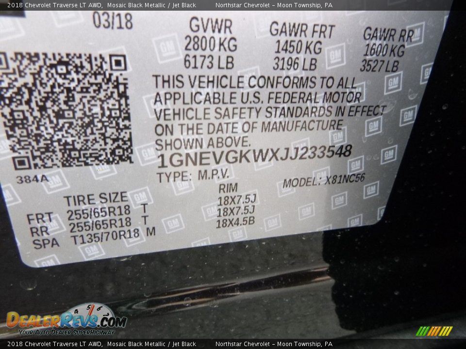 2018 Chevrolet Traverse LT AWD Mosaic Black Metallic / Jet Black Photo #18