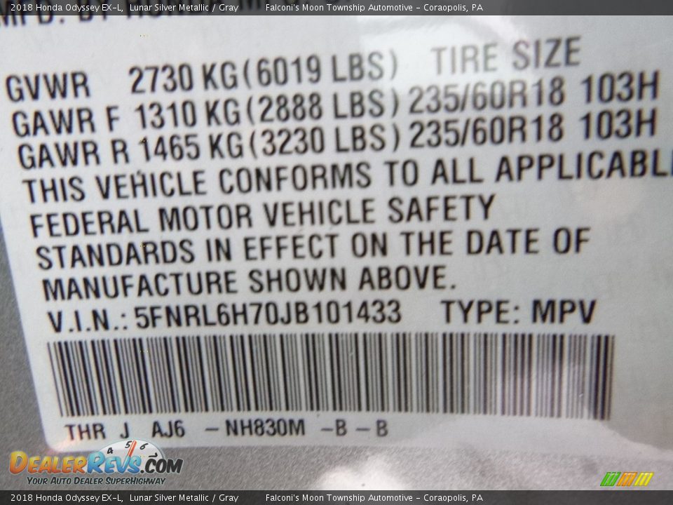 2018 Honda Odyssey EX-L Lunar Silver Metallic / Gray Photo #11