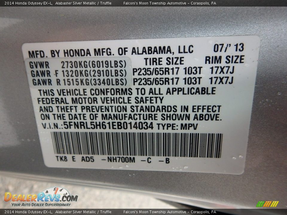 2014 Honda Odyssey EX-L Alabaster Silver Metallic / Truffle Photo #23