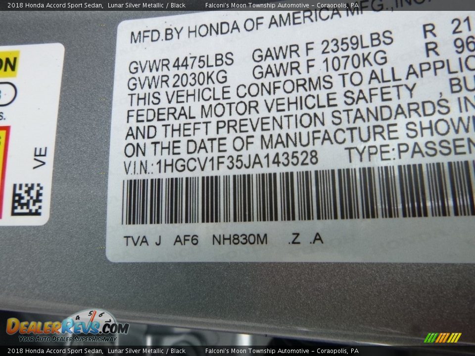 2018 Honda Accord Sport Sedan Lunar Silver Metallic / Black Photo #12