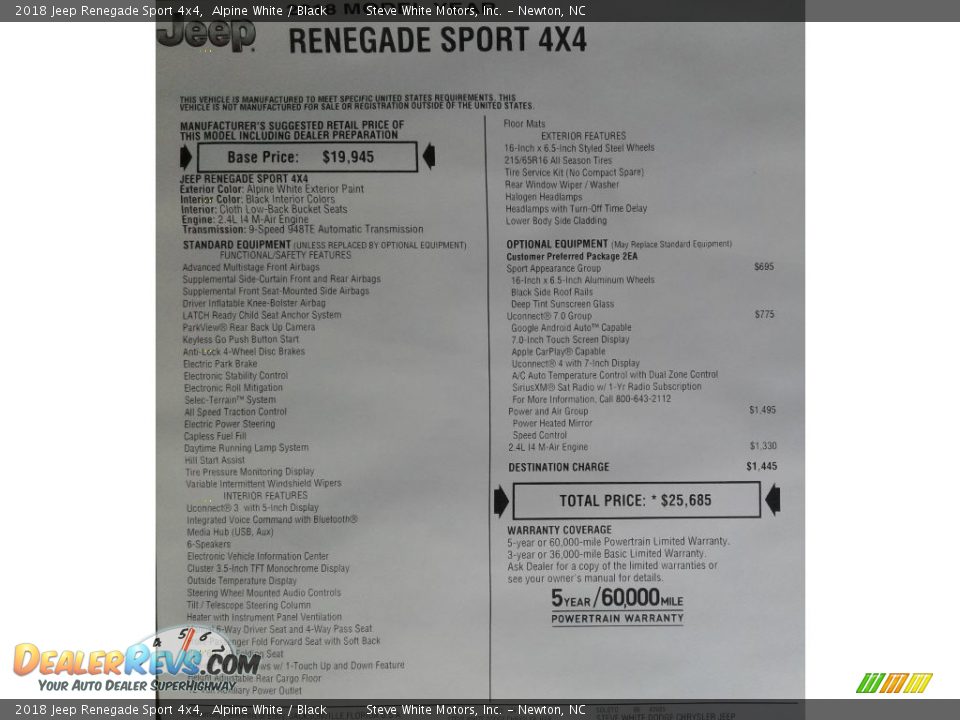 2018 Jeep Renegade Sport 4x4 Window Sticker Photo #30