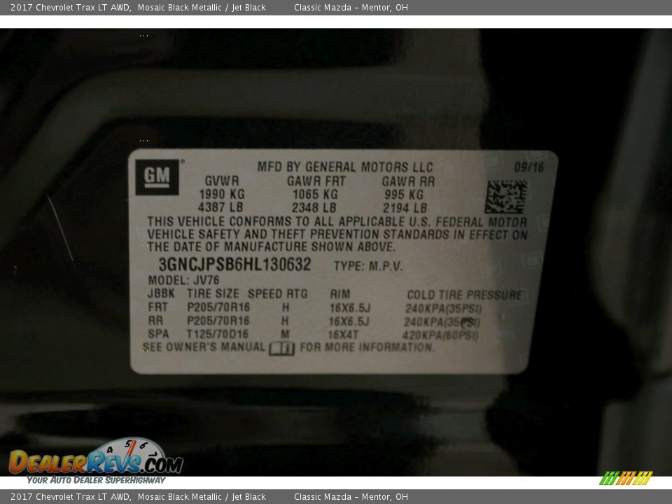 2017 Chevrolet Trax LT AWD Mosaic Black Metallic / Jet Black Photo #20