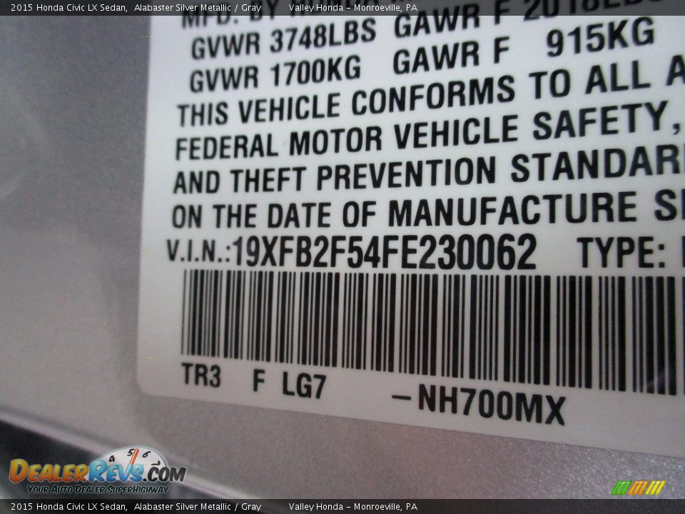 2015 Honda Civic LX Sedan Alabaster Silver Metallic / Gray Photo #19