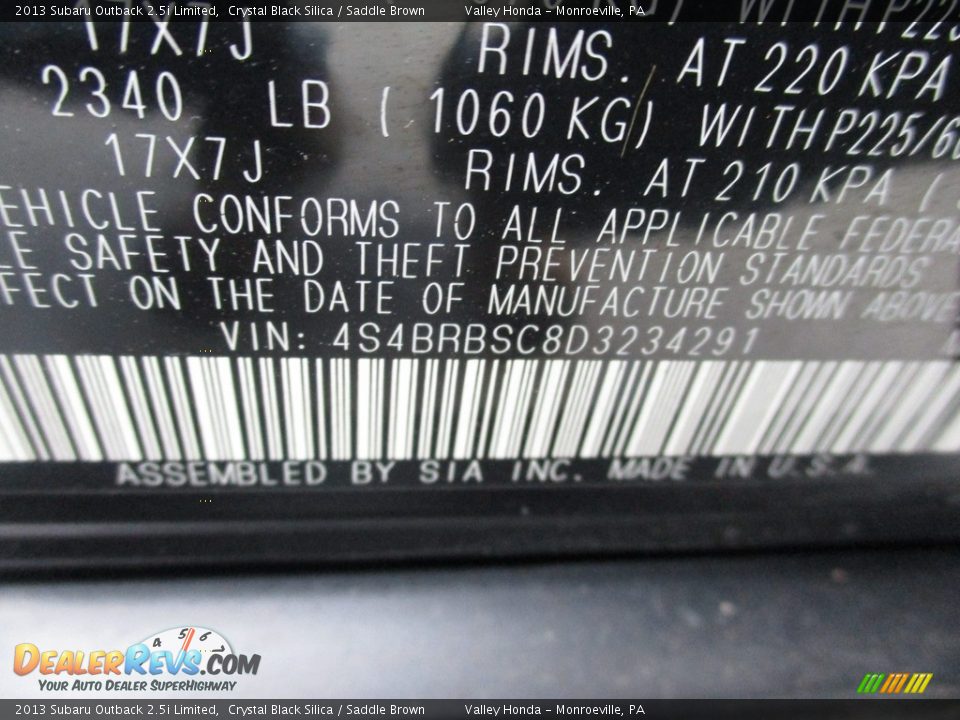 2013 Subaru Outback 2.5i Limited Crystal Black Silica / Saddle Brown Photo #19