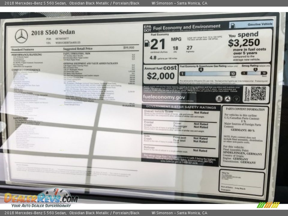 2018 Mercedes-Benz S 560 Sedan Obsidian Black Metallic / Porcelain/Black Photo #10