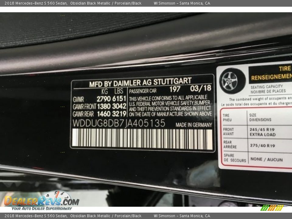 2018 Mercedes-Benz S 560 Sedan Obsidian Black Metallic / Porcelain/Black Photo #11