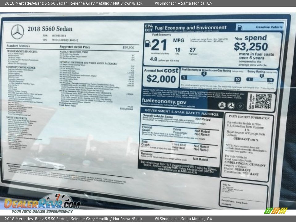 2018 Mercedes-Benz S 560 Sedan Selenite Grey Metallic / Nut Brown/Black Photo #10