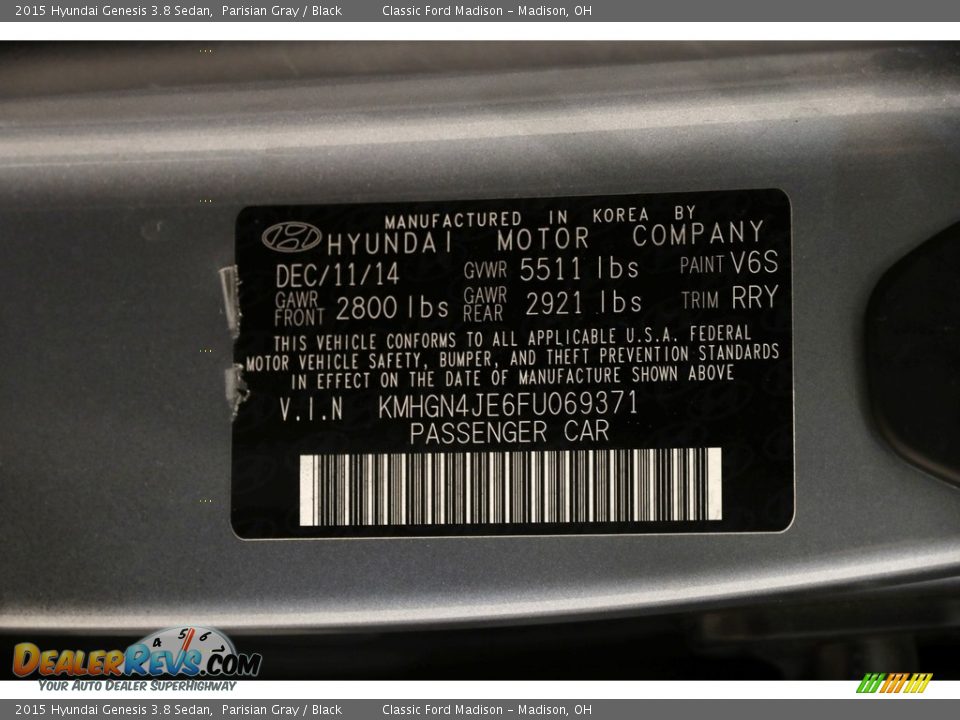 2015 Hyundai Genesis 3.8 Sedan Parisian Gray / Black Photo #30