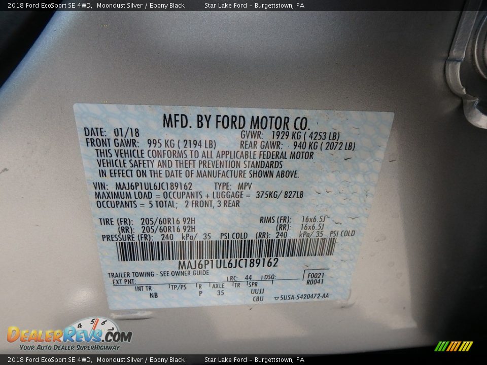 2018 Ford EcoSport SE 4WD Moondust Silver / Ebony Black Photo #14