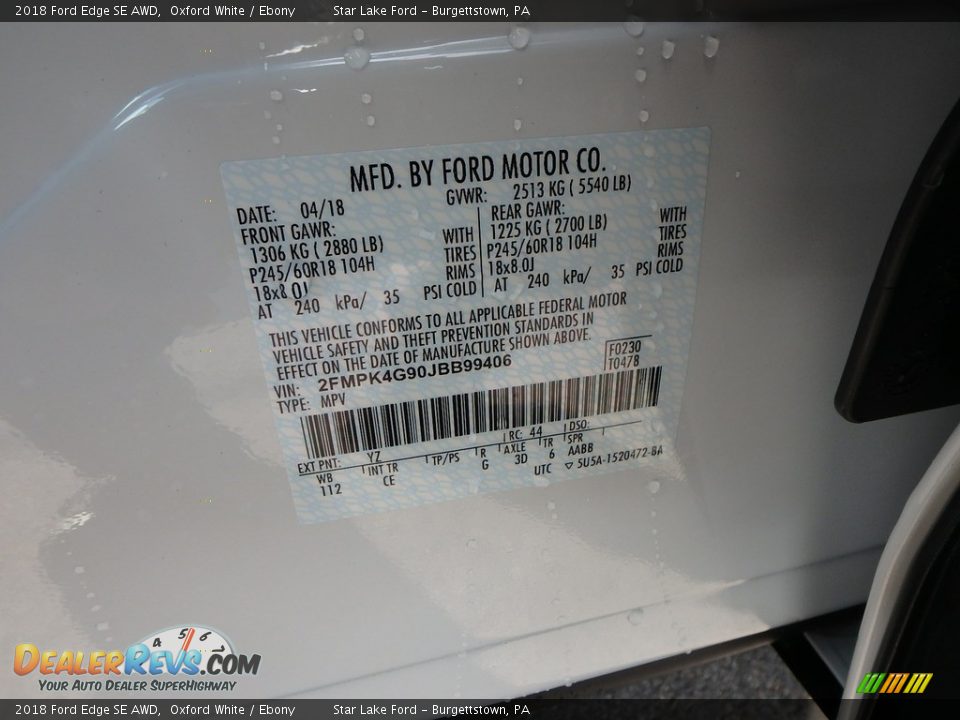 2018 Ford Edge SE AWD Oxford White / Ebony Photo #14