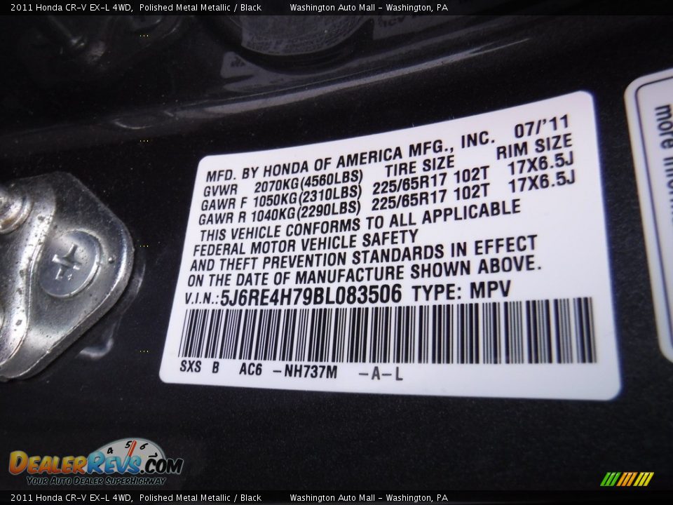 2011 Honda CR-V EX-L 4WD Polished Metal Metallic / Black Photo #24