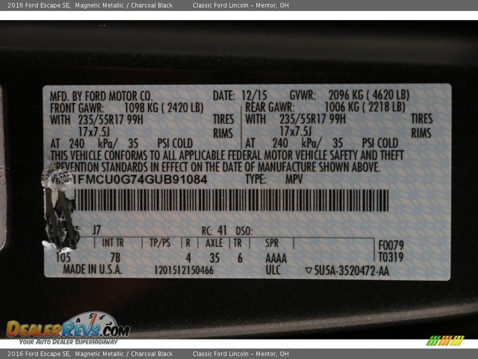 2016 Ford Escape SE Magnetic Metallic / Charcoal Black Photo #17