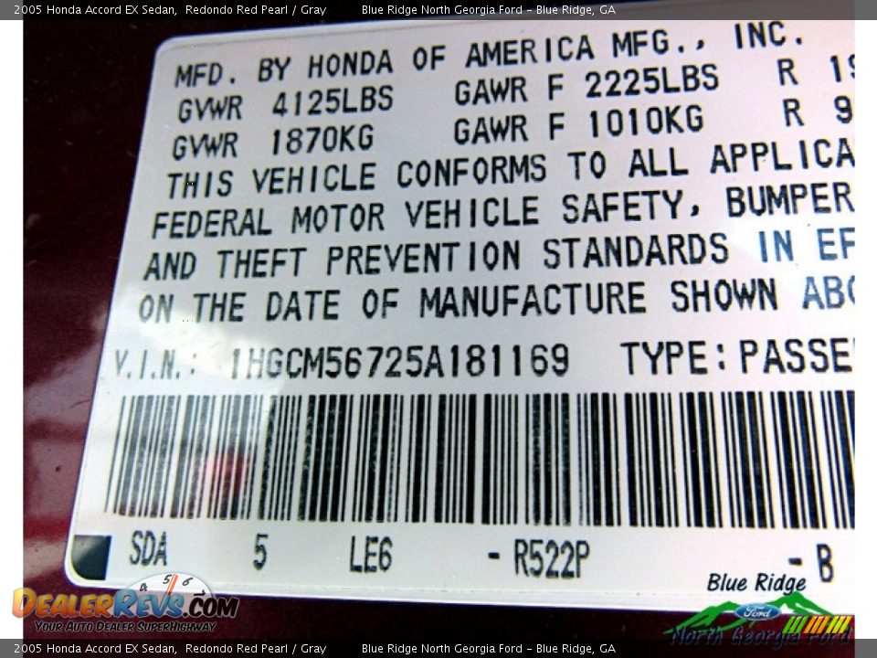 2005 Honda Accord EX Sedan Redondo Red Pearl / Gray Photo #19