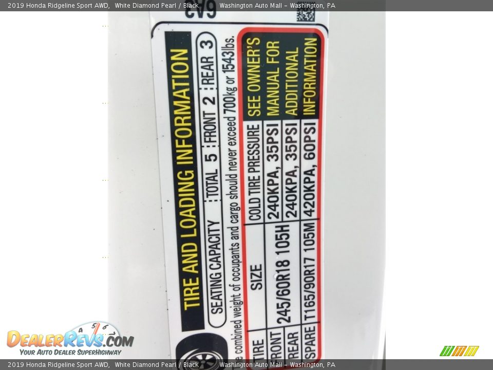 2019 Honda Ridgeline Sport AWD White Diamond Pearl / Black Photo #26
