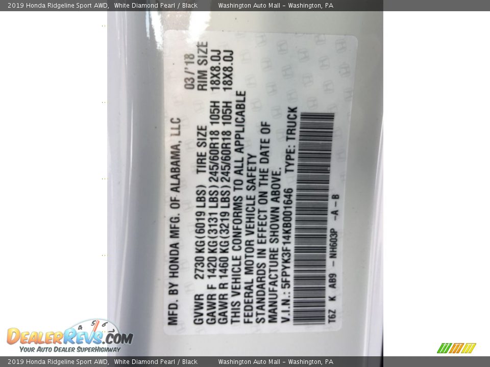 2019 Honda Ridgeline Sport AWD White Diamond Pearl / Black Photo #27