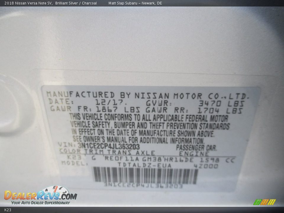 Nissan Color Code K23 Brilliant Silver