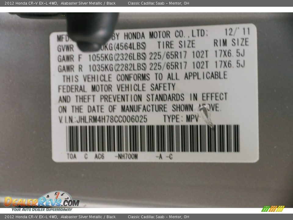 2012 Honda CR-V EX-L 4WD Alabaster Silver Metallic / Black Photo #28