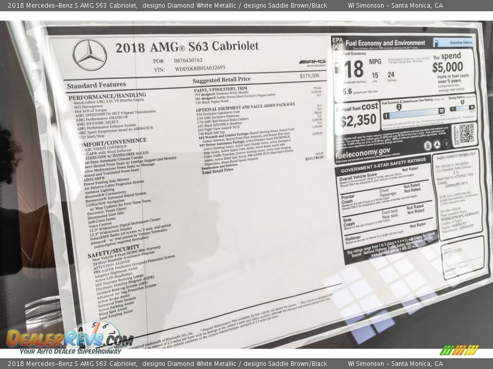 2018 Mercedes-Benz S AMG S63 Cabriolet Window Sticker Photo #26