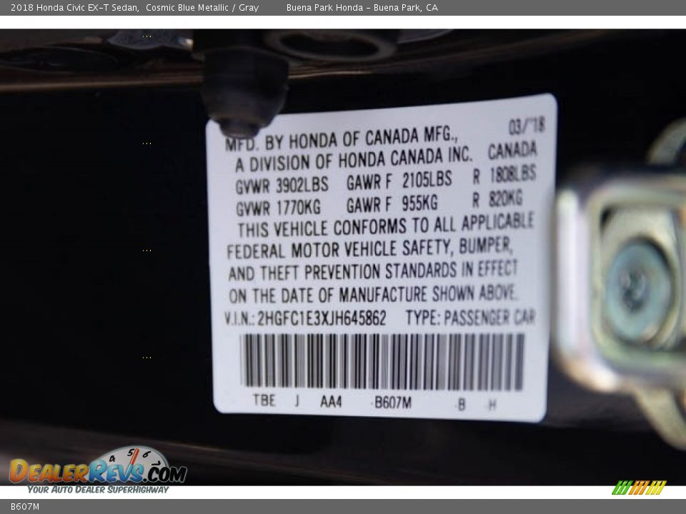 Honda Color Code B607M Cosmic Blue Metallic