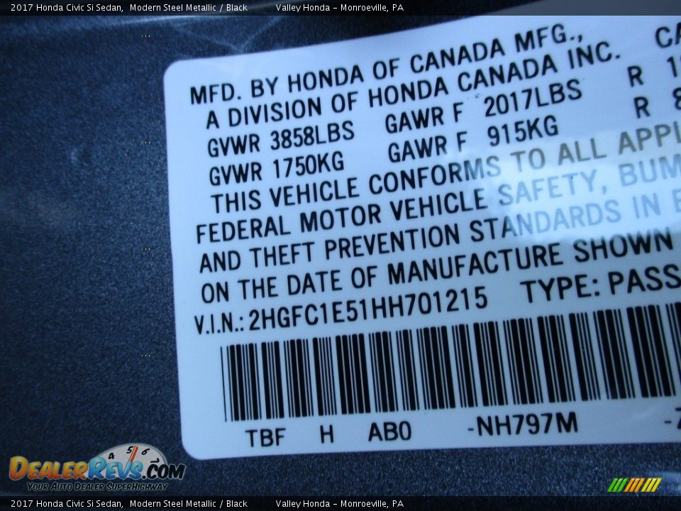 2017 Honda Civic Si Sedan Modern Steel Metallic / Black Photo #19