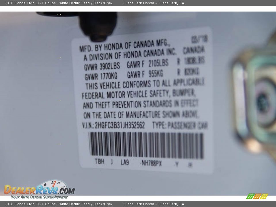 2018 Honda Civic EX-T Coupe White Orchid Pearl / Black/Gray Photo #16