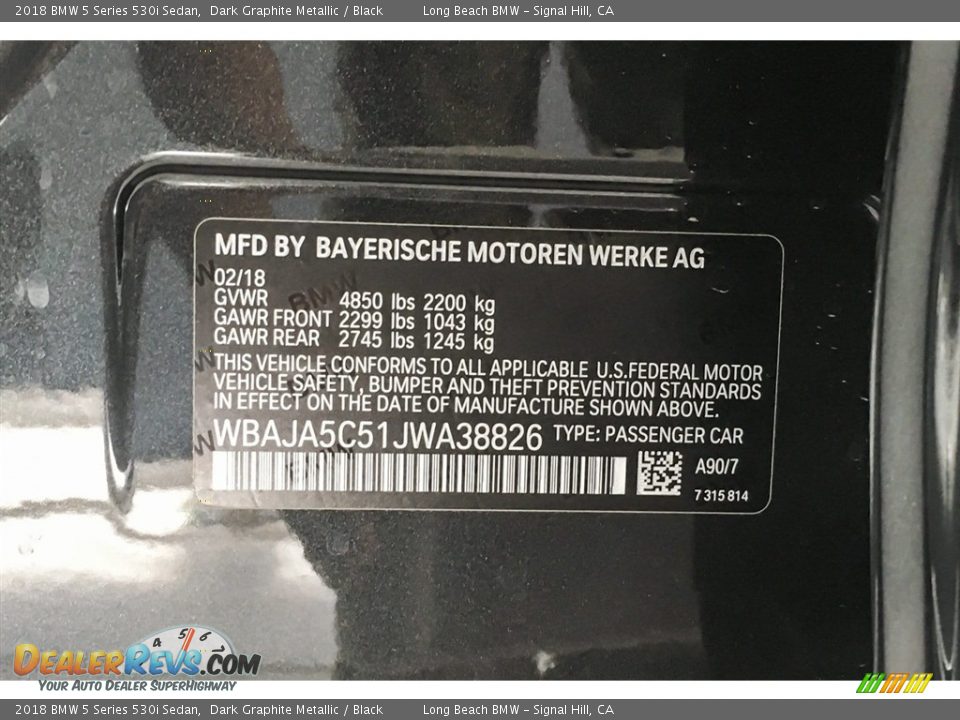 2018 BMW 5 Series 530i Sedan Dark Graphite Metallic / Black Photo #11