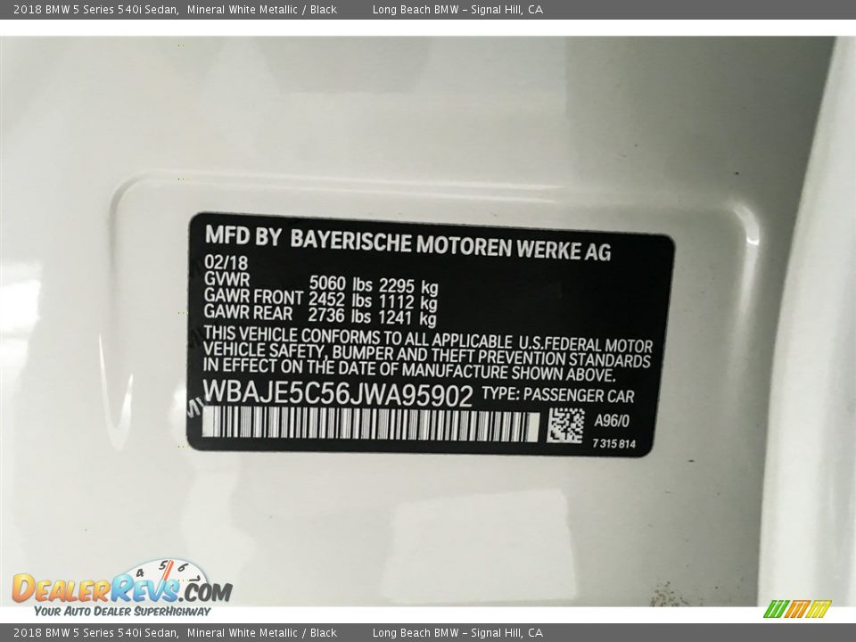 2018 BMW 5 Series 540i Sedan Mineral White Metallic / Black Photo #11