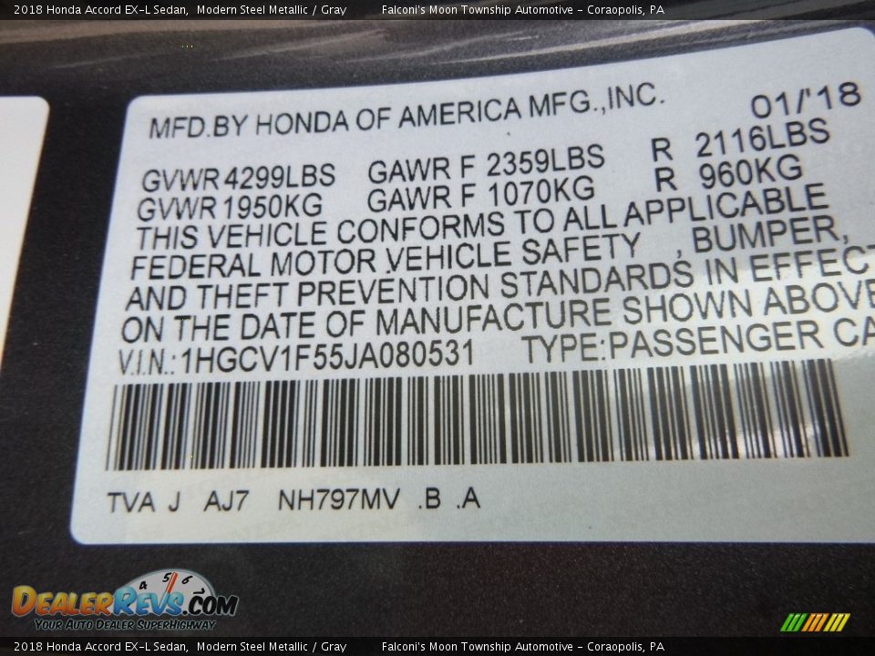 2018 Honda Accord EX-L Sedan Modern Steel Metallic / Gray Photo #10