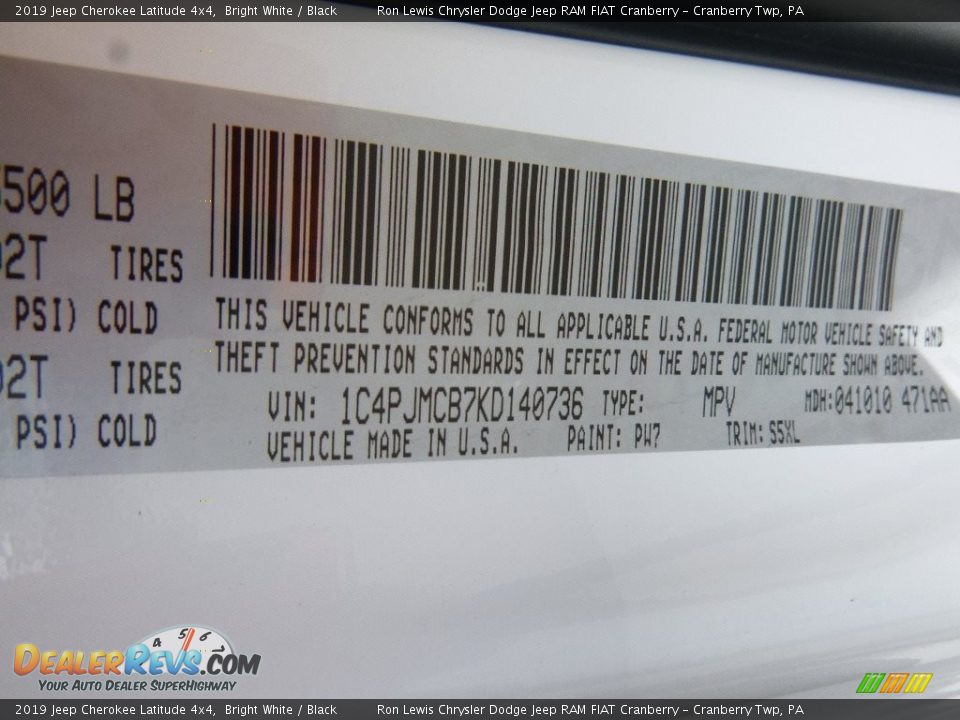 2019 Jeep Cherokee Latitude 4x4 Bright White / Black Photo #16