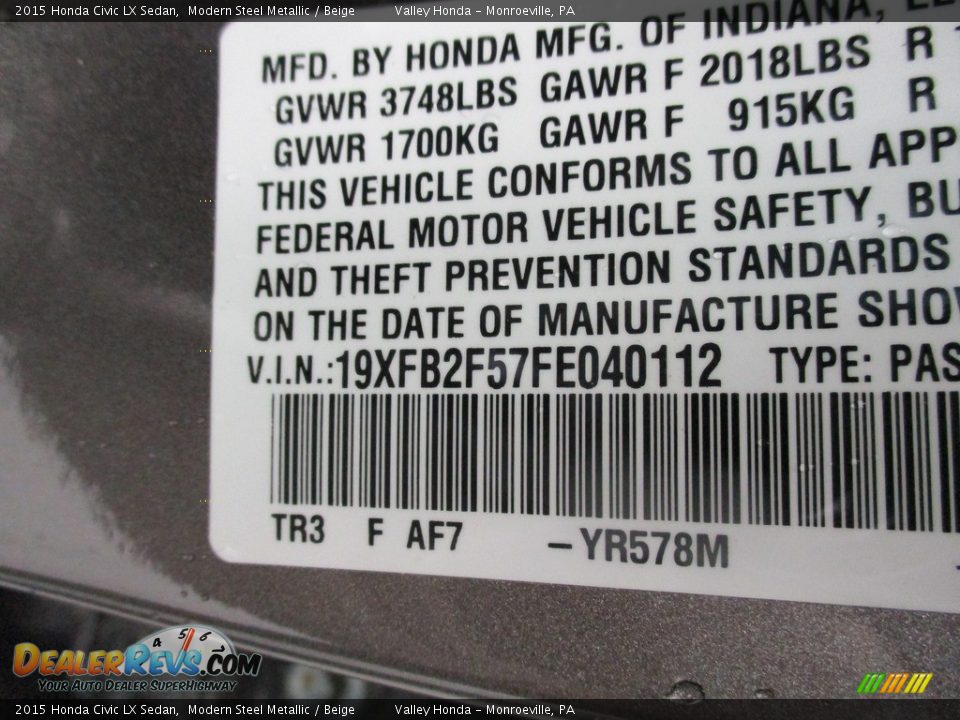 2015 Honda Civic LX Sedan Modern Steel Metallic / Beige Photo #19