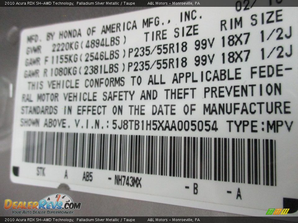 2010 Acura RDX SH-AWD Technology Palladium Silver Metallic / Taupe Photo #19