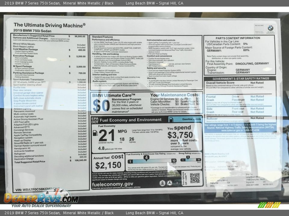 2019 BMW 7 Series 750i Sedan Window Sticker Photo #10