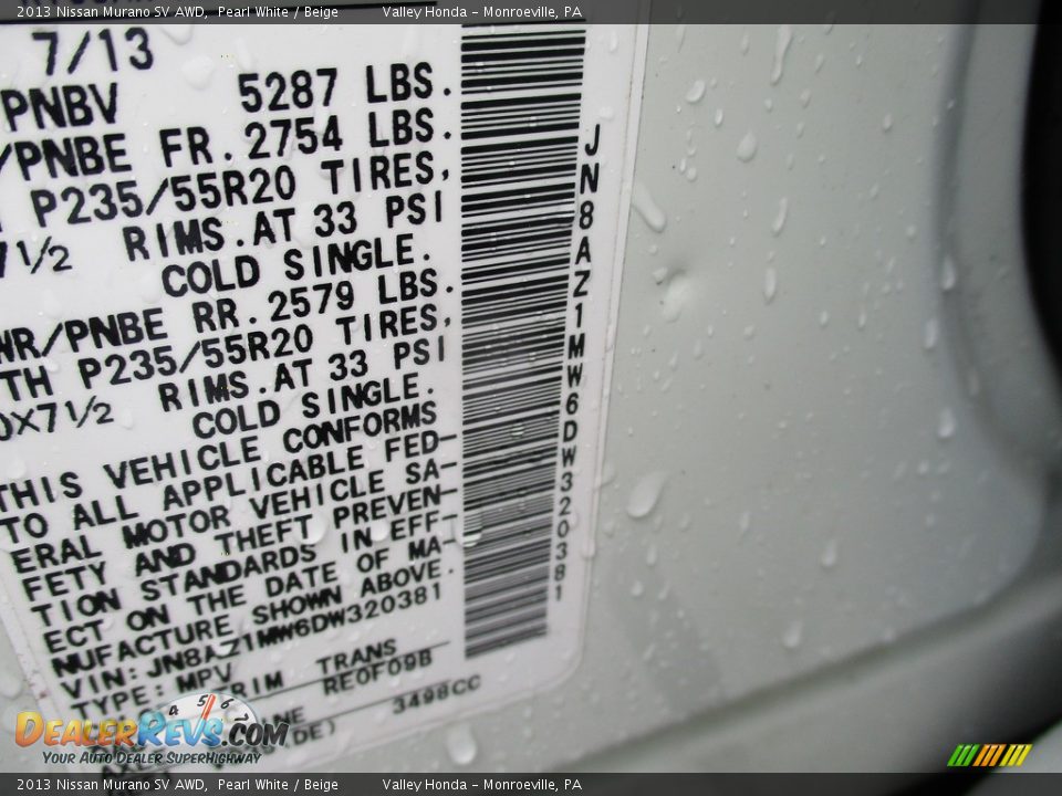 2013 Nissan Murano SV AWD Pearl White / Beige Photo #19
