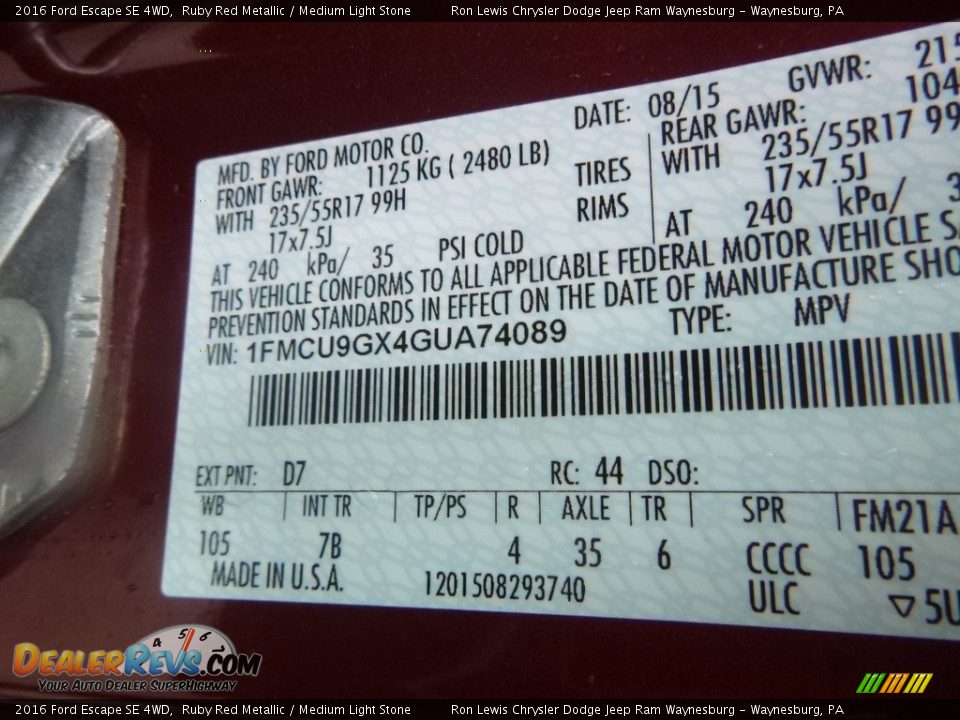 2016 Ford Escape SE 4WD Ruby Red Metallic / Medium Light Stone Photo #16