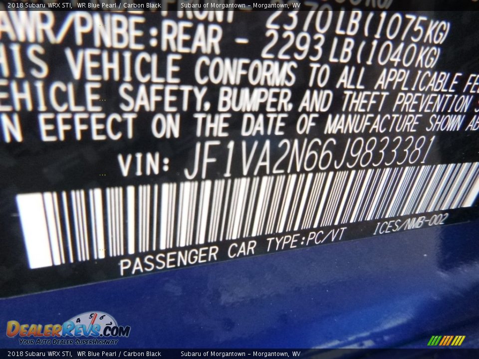 2018 Subaru WRX STI WR Blue Pearl / Carbon Black Photo #15