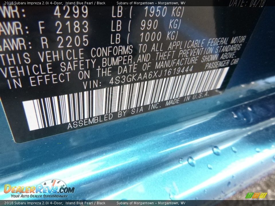 2018 Subaru Impreza 2.0i 4-Door Island Blue Pearl / Black Photo #15