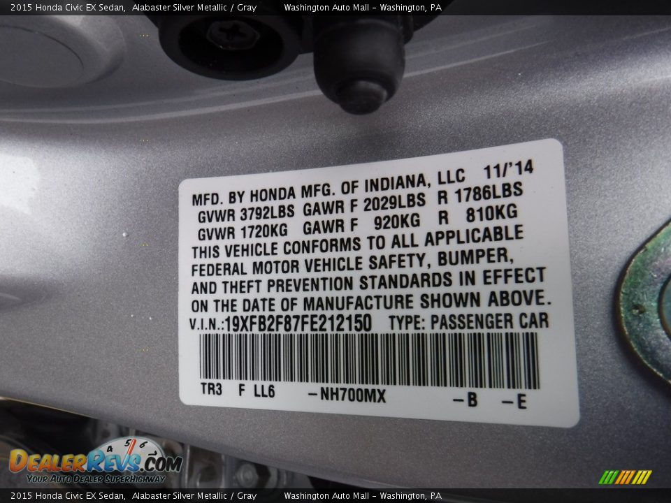 2015 Honda Civic EX Sedan Alabaster Silver Metallic / Gray Photo #24