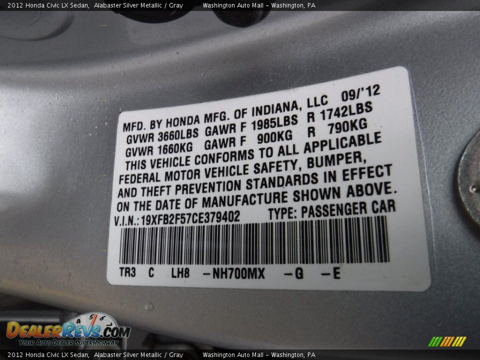 2012 Honda Civic LX Sedan Alabaster Silver Metallic / Gray Photo #19