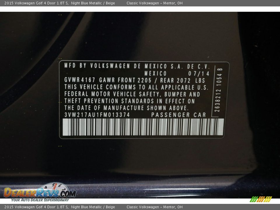 2015 Volkswagen Golf 4 Door 1.8T S Night Blue Metallic / Beige Photo #19