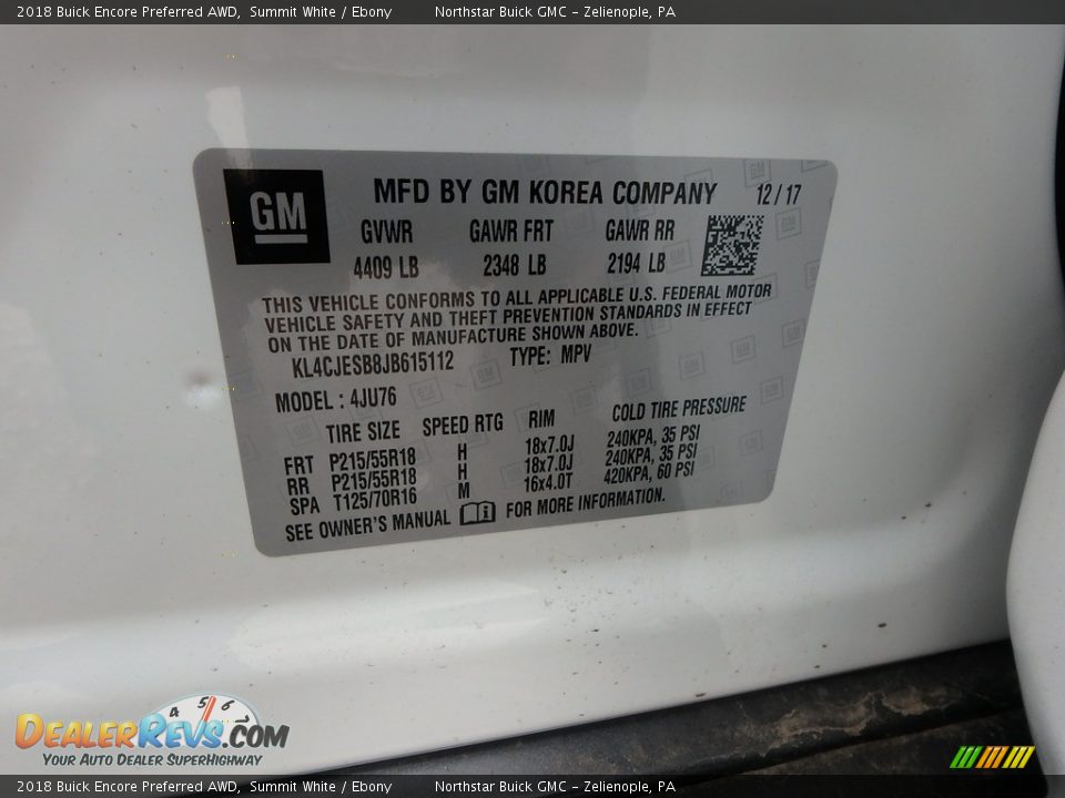 2018 Buick Encore Preferred AWD Summit White / Ebony Photo #15