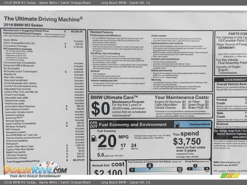 2018 BMW M3 Sedan Alpine White / Sakhir Orange/Black Photo #11