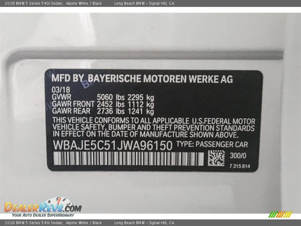 2018 BMW 5 Series 540i Sedan Alpine White / Black Photo #10