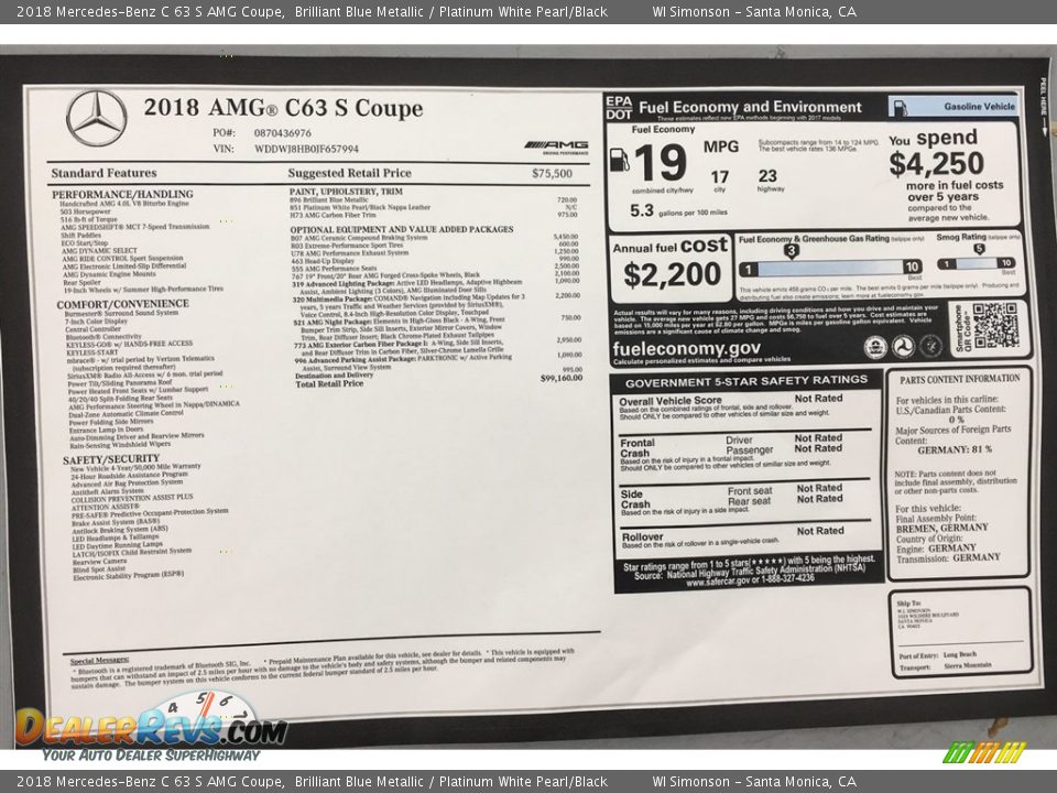 2018 Mercedes-Benz C 63 S AMG Coupe Window Sticker Photo #26