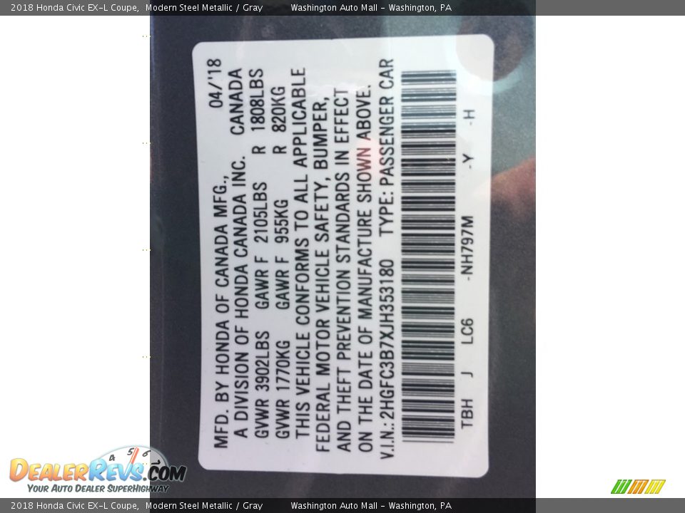 2018 Honda Civic EX-L Coupe Modern Steel Metallic / Gray Photo #26